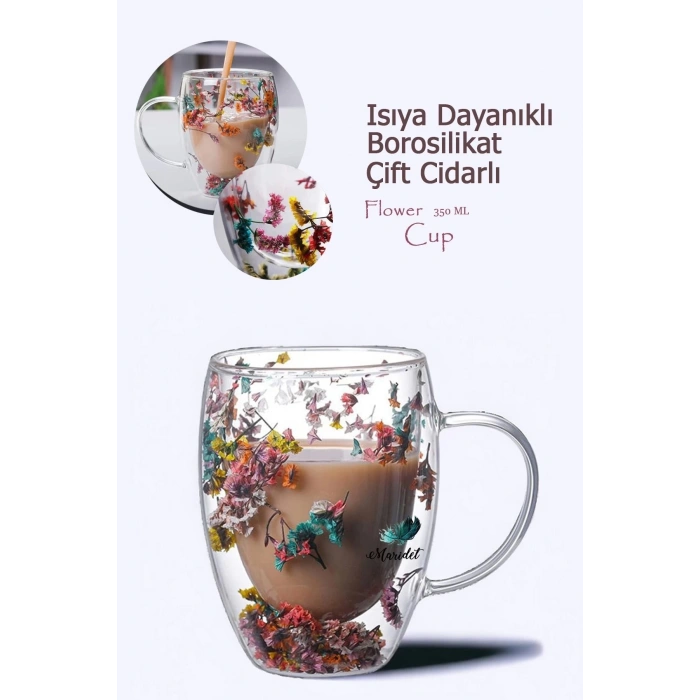 Isıya Dayanıklı Borosilikat Çift Çidarlı Çiçekli Bardak | Çiçekli Kahve Sunum Bardağı 2 Adet