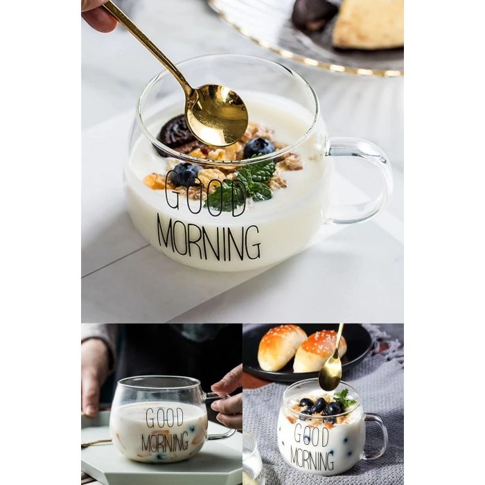 Isıya Dayanıklı Borosilikat Good Morning Kulplu Yuvarlak Kupa Cam Bardak Kahve Sunum Bardağı