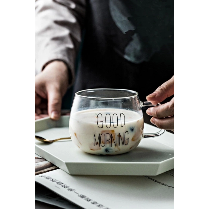 Isıya Dayanıklı Borosilikat Good Morning Kulplu Yuvarlak Kupa Cam Bardak Kahve Sunum Bardağı