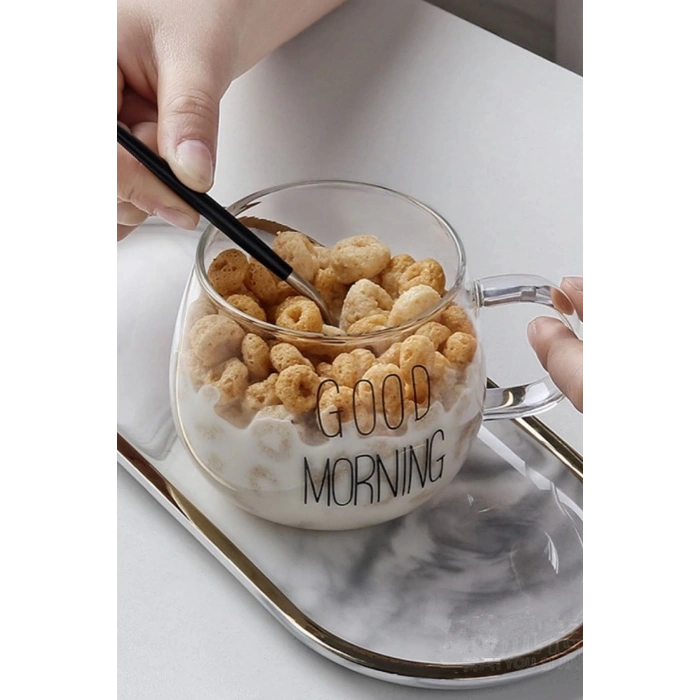 Isıya Dayanıklı Borosilikat Good Morning Kulplu Yuvarlak Kupa Cam Bardak Kahve Sunum Bardağı