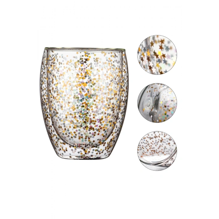 Isıya Dayanıklı Borosilikat Yıldız Simli Çift Cidarlı Cam Sunum Bardağı 6 Adet