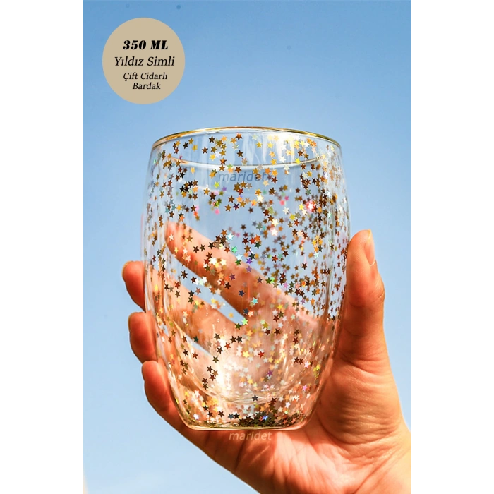 Isıya Dayanıklı Borosilikat Yıldız Simli Çift Cidarlı Cam Sunum Bardağı 6 Adet