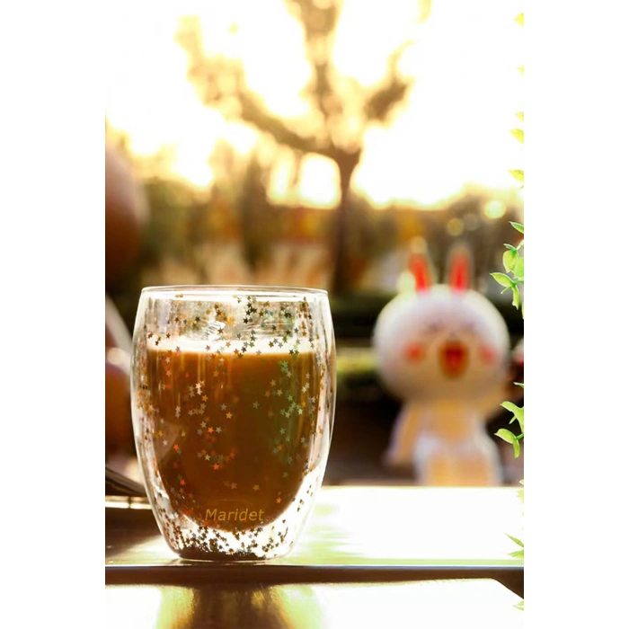 Isıya Dayanıklı Borosilikat Yıldız Simli Çift Cidarlı Cam Sunum Bardağı 6 Adet