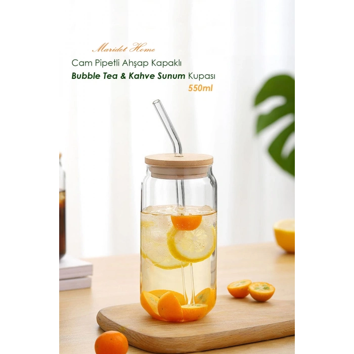 Isıya Dayanıklı Cam Pipetli Ahşap Kapaklı Meşrubat Kahve Sunum Bardağı | 2 Adet