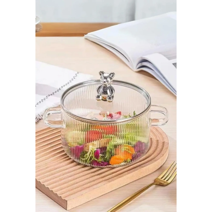 Isıya Dayanıklı Minimalist Borosilikat Cam Ayıcık Figürlü Tencere | Termisil Ocak Üstü Cam Tencere