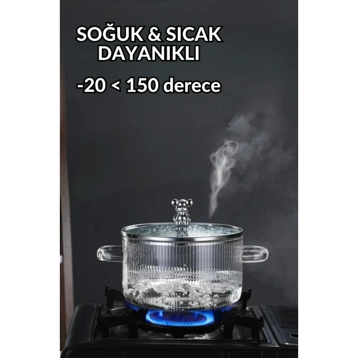 Isıya Dayanıklı Minimalist Borosilikat Cam Ayıcık Figürlü Tencere | Termisil Ocak Üstü Cam Tencere