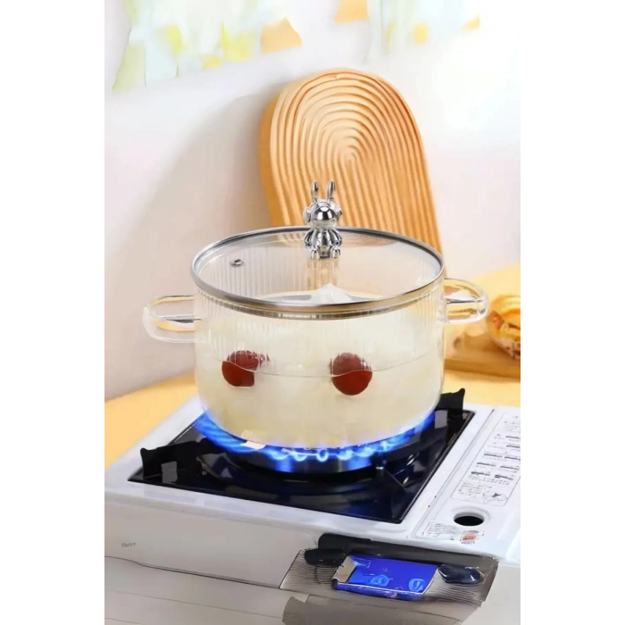 Isıya Dayanıklı Minimalist Borosilikat Cam Ayıcık Figürlü Tencere | Termisil Ocak Üstü Cam Tencere