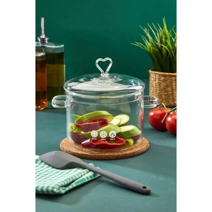 Isıya Dayanıklı Minimalist Borosilikat Cam Kalp Figürlü Tencere | Termisil Ocak Üstü Cam Tencere