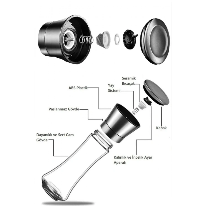 Karabiber Tuz Değirmeni Seramik Bıçaklı Öğütücü Büyük Boy Çelik Kapaklı Baharatlık