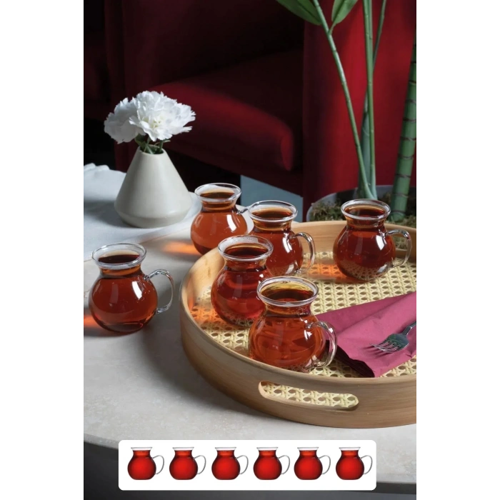 Keyfi Ala Borosilikat Cam Bardak Takımı Isıya Dayanıklı Kulplu Çay Fincanı Bardağı Seti 6Lı