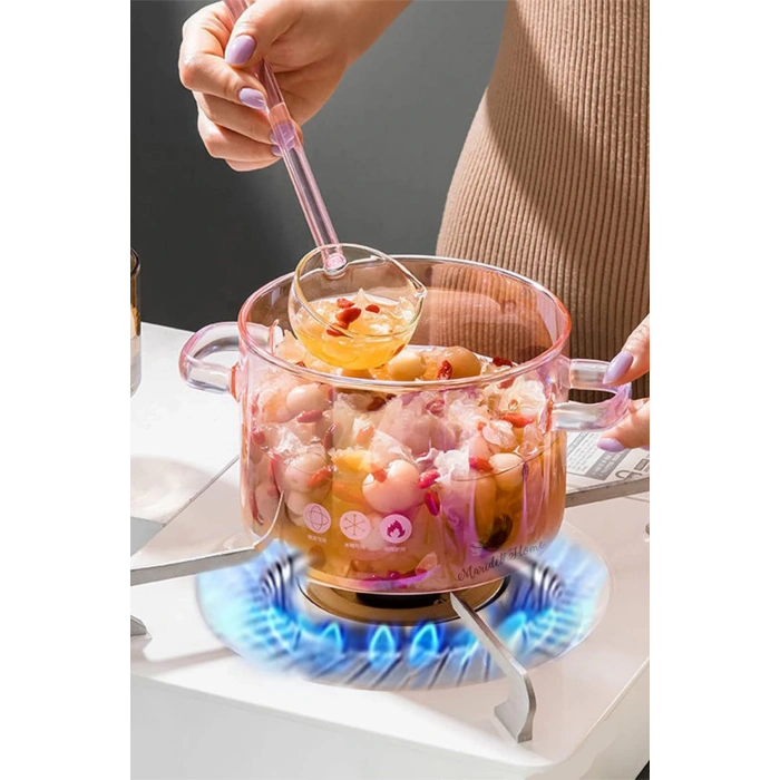 Pembe Kalp Figürlü Isıya Dayanıklı Borosilikat Termisil Ocak Üstü Kulplu Cam Tencere 1500cc