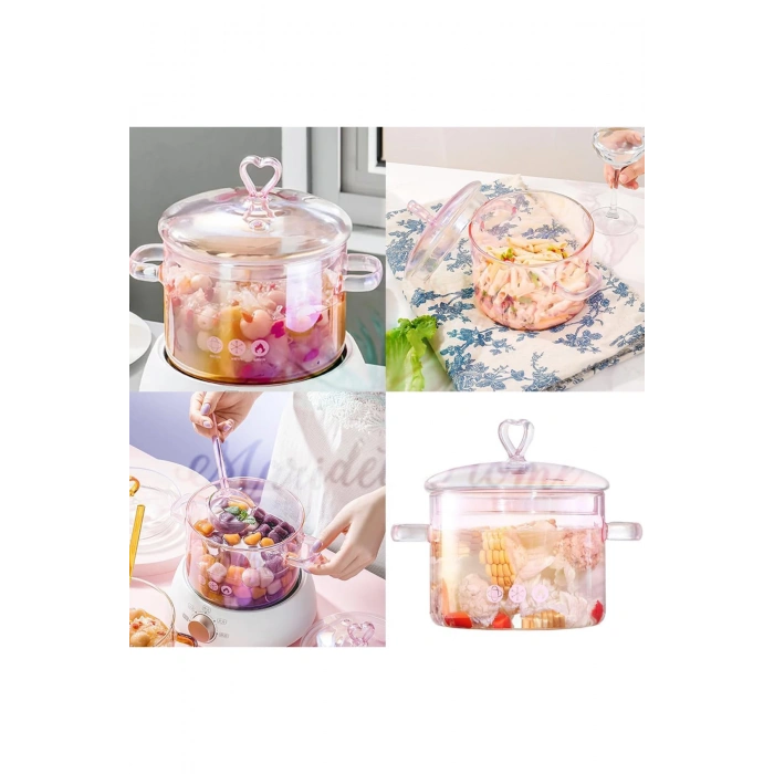 Pembe Kalp Figürlü Isıya Dayanıklı Borosilikat Termisil Ocak Üstü Kulplu Cam Tencere 1500cc