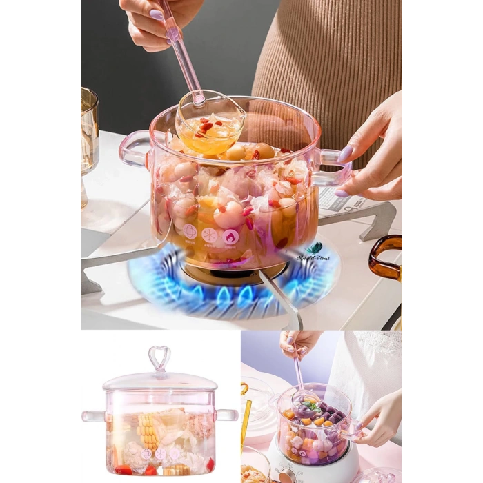 Pembe Kalp Figürlü Isıya Dayanıklı Borosilikat Termisil Ocak Üstü Kulplu Cam Tencere 1500cc