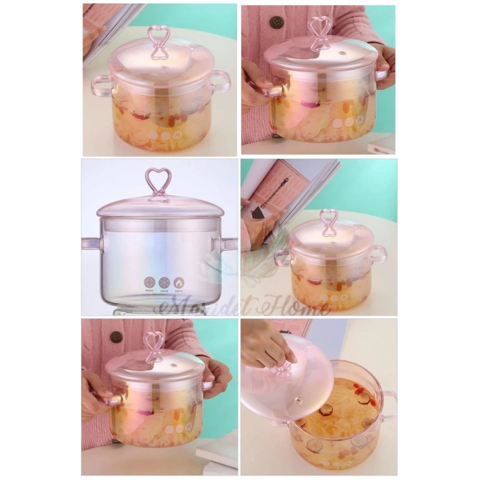 Pembe Kalp Figürlü Isıya Dayanıklı Borosilikat Termisil Ocak Üstü Kulplu Cam Tencere 1500cc