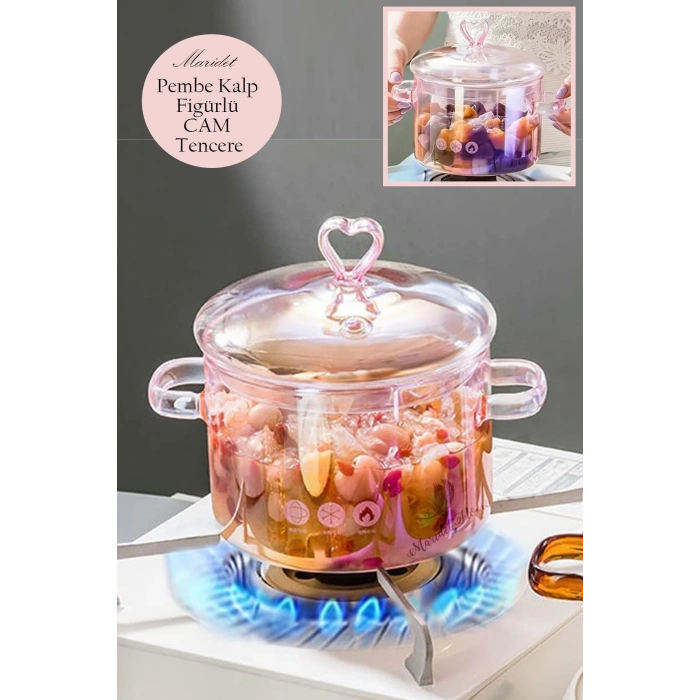 Pembe Kalp Figürlü Isıya Dayanıklı Borosilikat Termisil Ocak Üstü Kulplu Cam Tencere 1 Adet