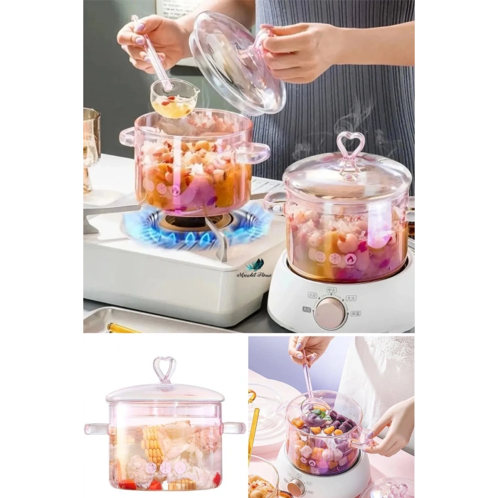 Pembe Kalp Figürlü Isıya Dayanıklı Borosilikat Termisil Ocak Üstü Kulplu Cam Tencere 2 ADET