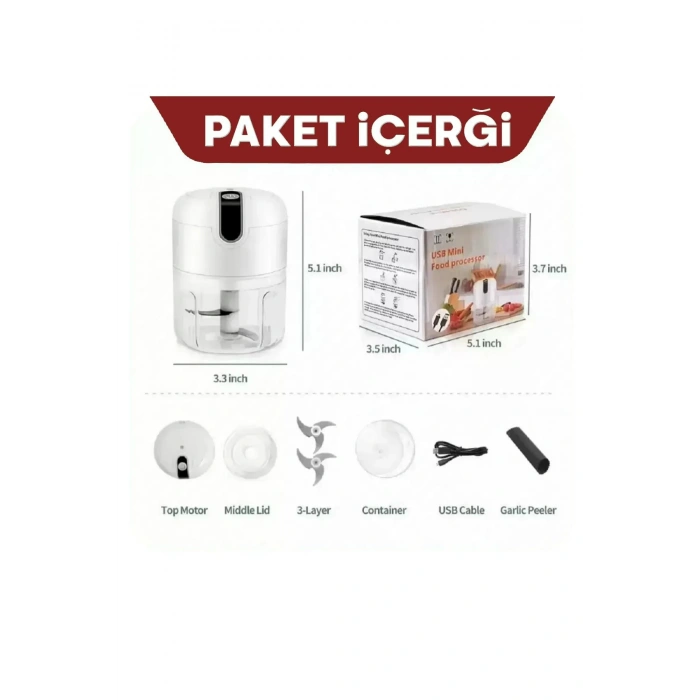 Şarjlı Paslanmaz 3 Bıçaklı Pratik Mini El Rondosu Mutfak Robotu Hazneli Rondo Sebze Et Doğrayıcı