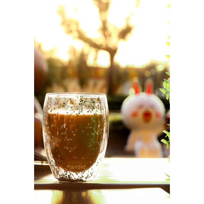 Yıldız Simli Çift Cidarlı Isıya Dayanıklı Borosilikat Cam Sunum Bardağı 4 Adet