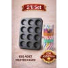 Çok Avantajlı Muffin Kalıbı 2’li Set | 12’li Muffin Kek Kalıbı + 100 Adet Renkli Muffin Kağıdı