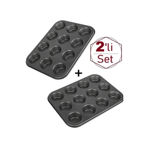 12 Bölmeli Muffin Kek Kalıbı 2 Li Set Yanmaz Yapışmaz Çörek Cupcake Fırın Kalıp Tepsisi