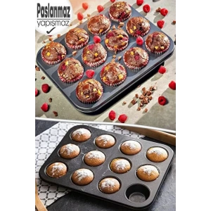 12 Bölmeli Muffin Kek Kalıbı  Kurabiye Turta Kalıbı Fırın Pasta Çörek Kapsül Yanmaz Kalıp