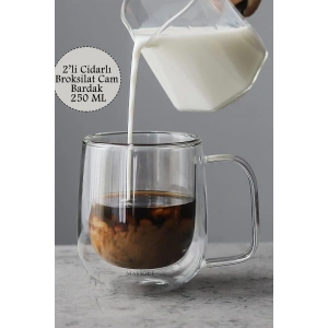 2 Adet Çift Cidarlı Cam Kupa 250 ml Ev Ofis Fincanı Çift Katlı Isı Yalıtımlı Kulplu Cam Bardak