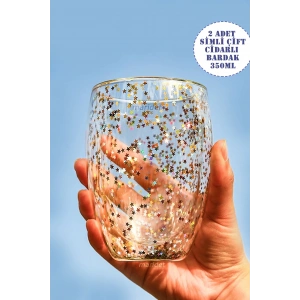 2 Adet Yıldız Simli Çift Cidarlı Isıya Dayanıklı Borosilikat Cam Sunum Bardağı 250 ml