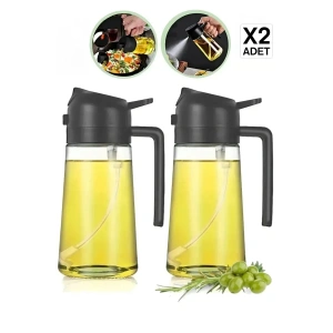 2li Çift Fonksiyonlu Cam Yağdanlık  Zeytinyağı Sıvıyağ Şişesi Airfryer Sprey Yağlık Sirkelik 450ml