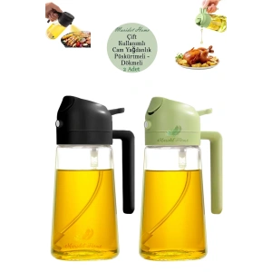 2li Çift Fonksiyonlu Cam Yağdanlık Zeytinyağı Sıvıyağ Şişesi Airfryer Sprey Yağlık Sirkelik | Siyah - Yeşil