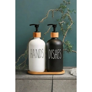 2 li Hands Dishes Siyah Beyaz Dekoratif Mutfak Banyo Sıvı Cam Sabunluk Seti Bambu Stantlı Set 500 ml
