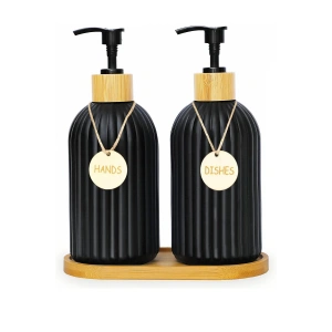 2 li Hands Dishes Siyah Dekoratif Mutfak Banyo Sıvı Cam Sabunluk Seti 500ml Bambu Stantlı Set
