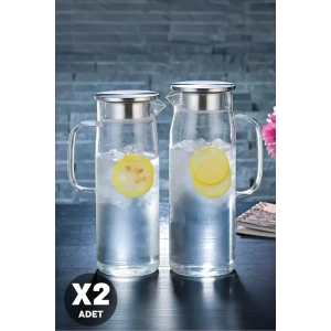 2li Retro Cam Sürahi Kulplu Çelik Kapaklı Soğuk Sıcak Kokteyl Meşrubat Cam Sürahisi 1500 ml