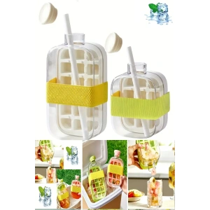 2li Yeni Nesil Basmalı Buz Kalıbı Pipetli Su Şişesi 18 Bölmeli Hazneli Buz Küpü 500+800 ML