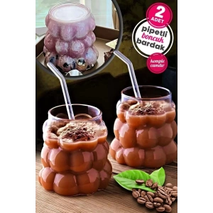 2li Boncuklu Pipetli Cam Bardak Üzüm Deseni 350 ML Meşrubat Su Kahve Sunum Bardağı Seti