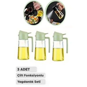 3 Adet Çift Fonksiyonlu Yağdanlık Zeytinyağı Sıvıyağ Cam Şişe Sprey Airfryer Yağlık Sirkelik 450ml