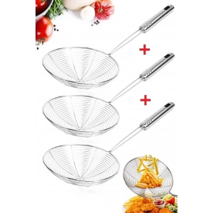3 Adet Kızartma Maşası Kepçe Kevgir Çelik Mutfak Patates Kızartma Yağ Süzgeci Seti 3lü Çelik Kevgir
