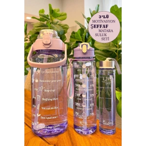 Motivasyonel Şeffaf Su Matarası Su Şişesi Taşınabilir Matara Stickerlı Suluk Seti 3lü