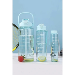 3lü Şeffaf Motivasyonel Su Matarası Su Şişesi Taşınabilir Matara Stickerlı Suluk Seti - Soft Blue