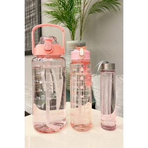3lü Yeni Şeffaf Motivasyon Kokusuz Stickerlı Spor Suluk Matara Pipetli Taşınabilir Su Şişesi Pembe