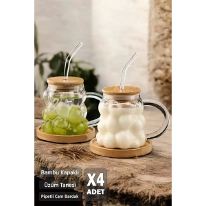 4lü Bambu Kapaklı Üzüm Boncuk Bardak Isıya Dayanıklı Cam Pipetli Kahve Sunum Bardağı