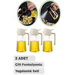 450 ML Çift Foksiyonlu Cam Yağdanlık ve Püskürtmeli Sprey Yağdanlık Sirkelik Krem - 3 Adet