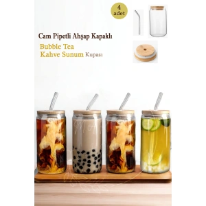 4lü Bambu Kapaklı Pipetli Cam Bardak Isıya Dayanıklı Borosilikat Meşrubat Sunum Bardağı