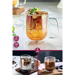 6lı Çift Cidarlı Bardak 250 ml Ev Ofis Çay Fincanı Kahve Sunum Bardağı
