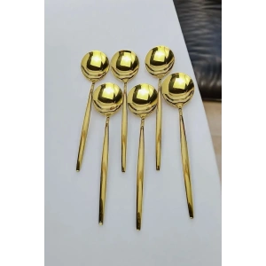 6lı Gold Lüx Parlak Yemek Kaşıgı Paslanmaz Çelik Şık Kaşık Takımı Pürüzsüz Gold