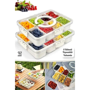 8 Bölmeli Kilit Kapaklı Taşınabilir Saklama Kabı Kahvaltılık Organizer Gıda Kutusu Piknik Seti | 2 Adet