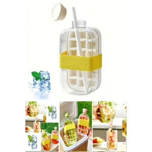 800 ML Yeni Nesil Basmalı Buz Kalıbı Pipetli Su Şişesi 18 Bölmeli Hazneli Buz Küpü - Beyaz