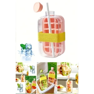 800 ML Yeni Nesil Basmalı Buz Kalıbı Pipetli Su Şişesi 18 Bölmeli Hazneli Buz Küpü - Pembe