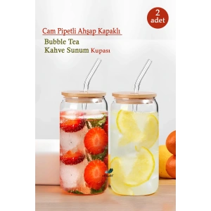 Bambu Kapaklı Isıya Dayanıklı Cam Pipetli 550 ml Meşrubat Kahve Sunum Bardağı | 4 Adet