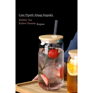 Bambu Kapaklı Pipetli Isıya Dayanıklı Cam Bardak Kola Kutu Şekilli Kahve Sunum Bardağı 2 Adet