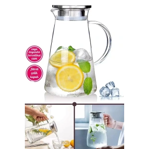 Borosilikat Cam Karaf Sürahi Cam Kulplu Metal Kapaklı Sıcak Soğuk Kokteyl Meşrubat Sürahisi 1800 ml